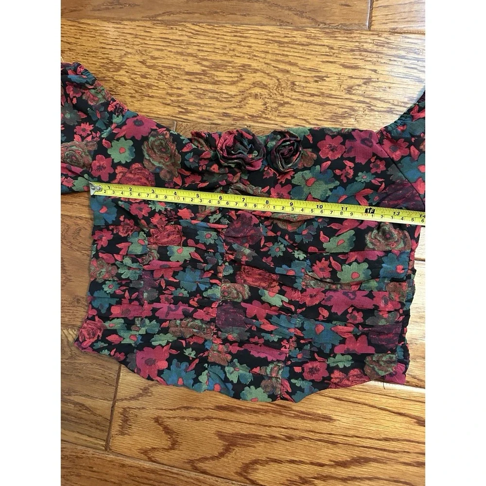 Free People Floral Off Shoulder Crop Top S 3D Rosette Ruched Long Sleeve